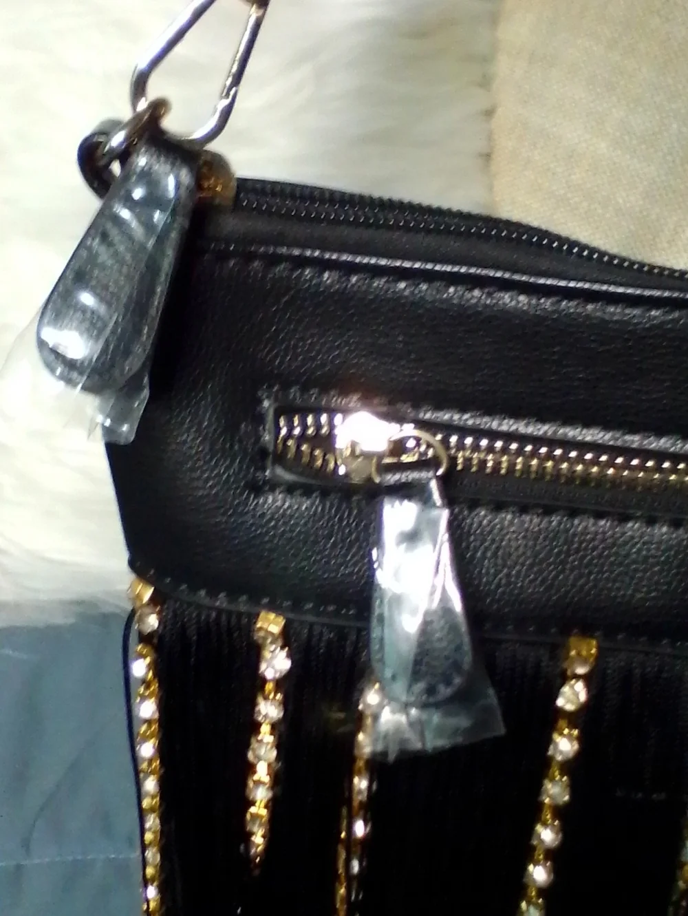 VETTA Black Fringe Crossbody with Gold Rhinestone Strips